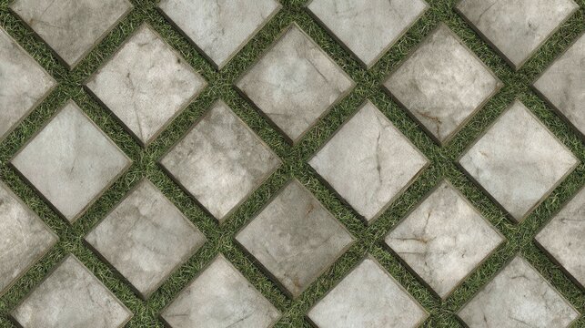 Interlocking concrete paving stones forming a textured grid pattern, with vibrant green grass growing between the uniformly arranged square paver units