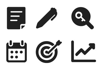 Fototapeta premium SEO Icon Set. Solid, filled icon set of SEO content strategy: document, pen, lightbulb, keyword, search, calendar, target, graph. [Line icons in only black