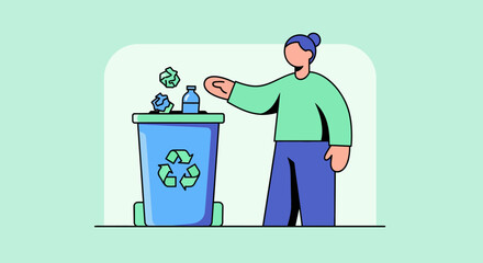Eco-friendly recycling concept illustration showcasing a person responsibly disposing of a plastic bottle into a dedicated bin, emphasizing environmental sustainability and waste reduction efforts