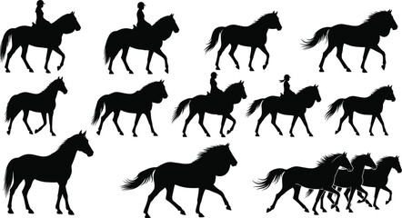 Horse silhouettes in motion with riders and galloping poses, showcasing equestrian action, dynamic movement, and animal biomechanics for vector design