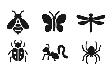 Black Insect Icons. Solid, filled icon set of chamomile garden insects and pollinators: bee, butterfly, ladybug, dragonfly, beetle, ant, worm, spider. Solid,