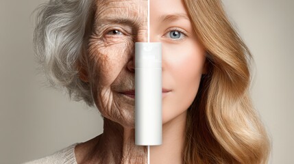 Skincare product bottle dividing an older woman's face with wrinkles from a younger woman's smooth face, representing anti aging, youth, and beauty concepts