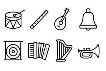 Traditional Music Icons. Outline icon set of traditional music and instruments: drum, flute, string instrument, bell, gong, accordion, harp, trumpet. Line
