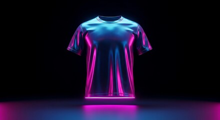 Futuristic glowing t shirt with vibrant neon pink and blue light reflections against a dark background representing modern fashion and technology