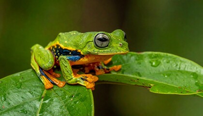 Obraz premium Colorful frog on a leaf in a forest