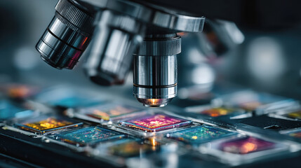 Robotic microscope automating slide scanning macro lens laboratory science microscopy glass slide sample research precision colorful bokeh