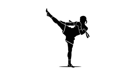 Dynamic Silhouette of a Female Muay Thai Fighter Executing a High Kick with Precision
