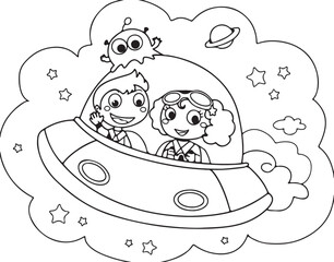 Cartoon spaceship flying in the sky. Coloring illustration for kids.
