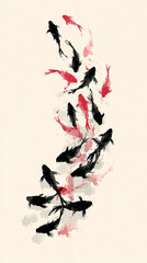 Vertical koi stream ascending, brushed ink painting with black and red fish, traditional Asian art, tranquil and elegant style