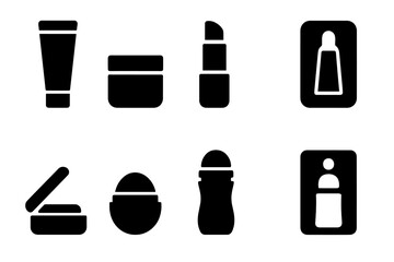 Fototapeta premium Lip Balm Icons. Solid, filled icon set of lip balm packaging: tube container, small jar, twist-up stick, squeeze tube, tin case, lip balm ball, roll-on