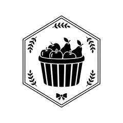 Vector art of a rustic black and white illustration of a basket overflowing with apples and pears, framed by a hexagonal border with decorative leaves and a bow