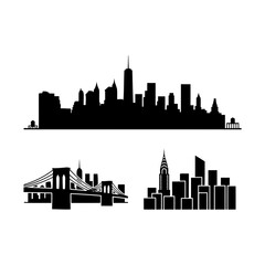 Fototapeta premium Vector art of set of three black silhouette city elements a large skyline, brooklyn bridge, and a smaller skyline, isolated on white