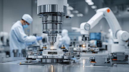 Cleanroom manufacturing precision robot assembly line advanced machinery sterile environment laboratory engineer automation metal high tech