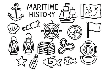 Obraz premium Maritime History Doodles. Hand-drawn doodle illustration Maritime history exhibit anchor, ship, compass, map, wheel, flag, shell, telescope, lantern, chest,