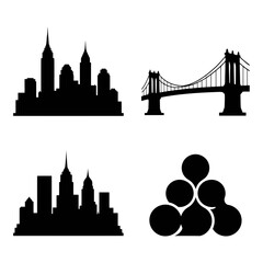 Vector art of collection of black city skylines and a bridge silhouette