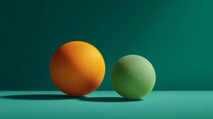 Orange and green spheres against a teal backdrop, casting shadows. Minimalist composition