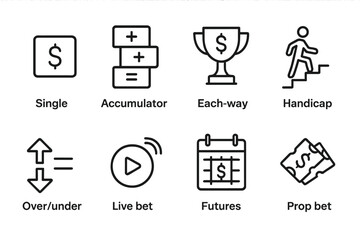 Betting Icons Grid. Outline icon set of betting options: single bet, accumulator, each-way, handicap, over/under, live bet, futures, prop bet. Line icons in
