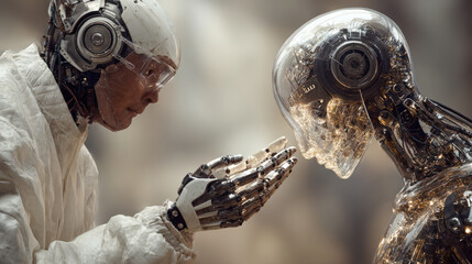 Human robot interaction cyborg laboratory sterile handshake empathy futuristic technology chrome bokeh. Human robot interaction laboratory with