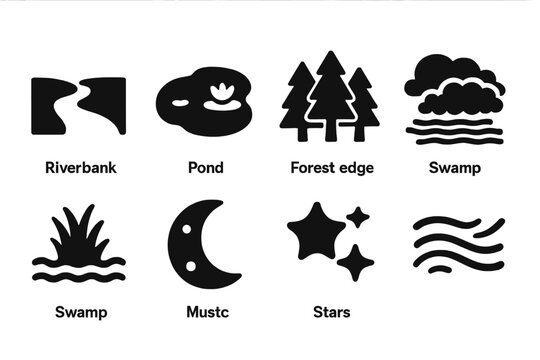 Rusalka Icon Set. Solid, filled icon set of rusalka environment: riverbank, pond, forest edge, swamp, fog, moon, stars, water currents. Solid, filled icons in