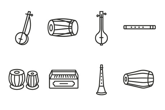 Bangladeshi Instruments Icons. Outline icon set of Bangladeshi musical instruments: Ektara, Dhol, Dotara, Flute, Tabla, Harmonium, Sanai, Mridangam. Line icons