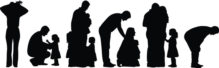 Black silhouette vector illustration of parents and children interaction, family support, parenting care, communication, guidance, emotional bonding, relationship concept