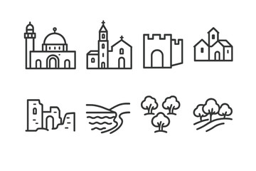 Naklejka premium Palestinian Landmarks Icons. Outline icon set of Palestinian landmarks: Al-Aqsa Mosque, Church of the Nativity, Old City walls, Bethlehem, Jericho ruins, Dead