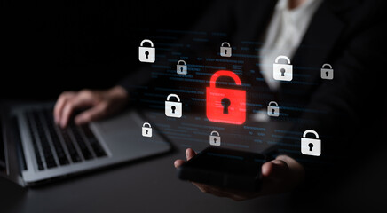 Digital security concept illustrating a cybersecurity breach, with a red unlocked padlock...