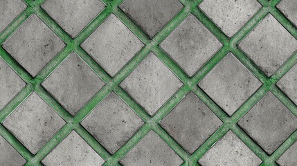 Concrete diamond shaped paving stones creating a regular geometric pattern with green grass growing in the grid lines, forming a textured surface design background