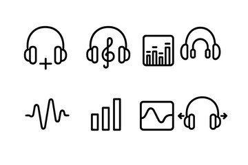 Headphone Sound Icons. Outline icon set of headphone sound quality: bass boost, treble control, equalizer, surround sound, audio wave, volume bars, frequency