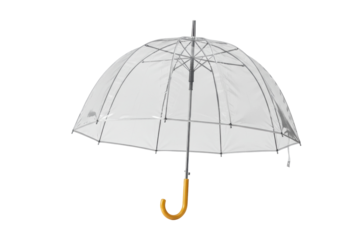 Transparent dome umbrella isolated on white, clear rain protection accessory with yellow handle for rainy weather and outdoor use