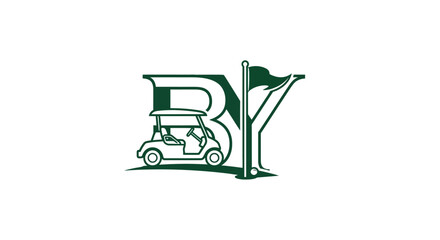 Elegant golf course logo featuring a golf cart and flag merging initials with a golf theme