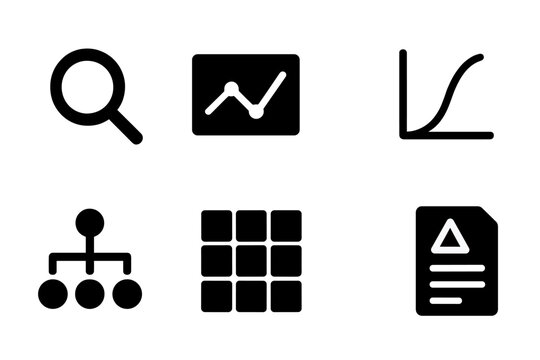 Risk Analysis Icons. Solid, filled icon set of risk analysis tools: magnifying glass, data chart, checklist, probability graph, decision tree, risk matrix,