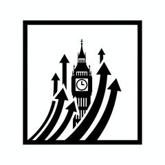 Vector art of big ben clock tower with upward arrows symbolizing growth and progress