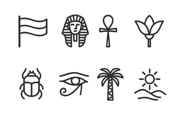 Fototapeta premium Egyptian and Moroccan Icons. Outline icon set of Egyptian symbols: Flag, Pharaoh mask, Ankh symbol, Lotus flower, Scarab beetle, Eye of Horus, Palm tree,
