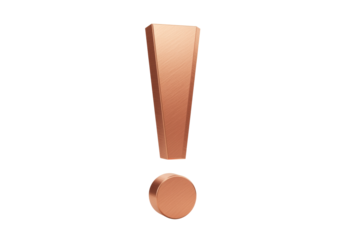 Copper exclamation mark isolated PNG, 3D rendering of punctuation symbol for graphic design and educational resources