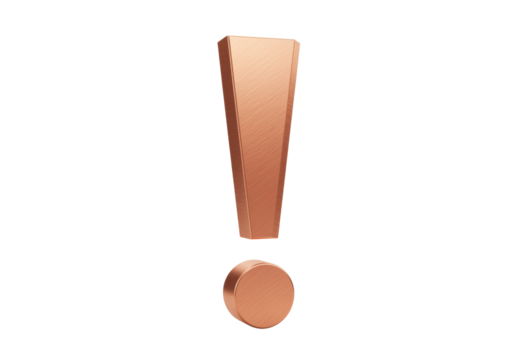 Copper exclamation mark isolated PNG, 3D rendering of punctuation symbol for graphic design and educational resources - Powered by Adobe