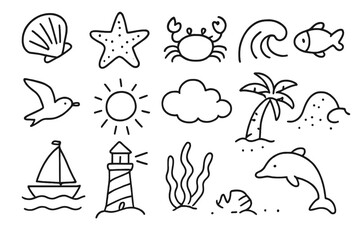 Obraz premium Coastal Nature Icons. Hand-drawn doodle illustration coastal nature seashell, starfish, crab, wave, fish, seagull, sun, cloud, palm tree, sand, rock, boat,