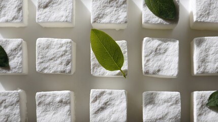 Overhead shot of many white square blocks with green leaves