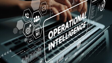 Hands Typing on Laptop with Overlay of Operational Intelligence Graphics and Data Visualization Elements Related to Analytics. Asymptotic smart data analytic.