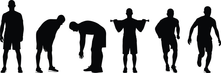 Athlete Silhouette Set Showing Standing, Stretching, Weightlifting, Running, Jogging, and Resting Poses for Fitness and Exercise Concepts