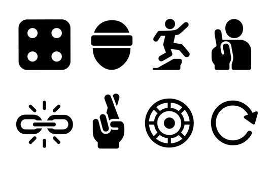Reckless Icon Set. Solid, filled icon set of reckless decision making: dice roll, blindfold, jumping off cliff, impulsive gesture, broken chain, crossed