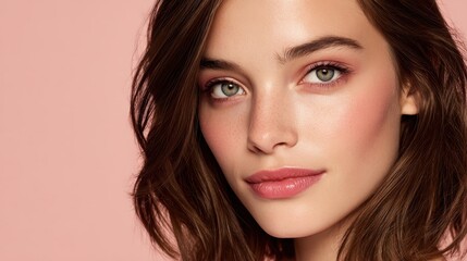 Fototapeta premium Young healthy woman with green eyes and natural makeup on pink studio background, displaying beauty and clear skin for cosmetic and wellness themes