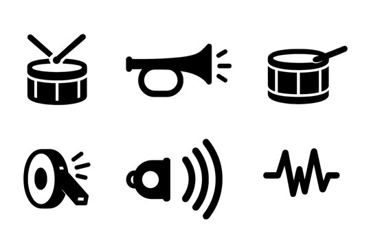 Battle Sound Icon Set. Solid, filled icon set of battle rhythm sound effects: drum roll, cymbal crash, bugle blast, snare snap, bass thump, whistle blow, echo,