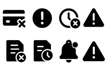 Payment Alert Icons. Solid, filled icon set of payment default: failed transaction, alert badge, stopped clock, canceled payment, warning triangle, red cross