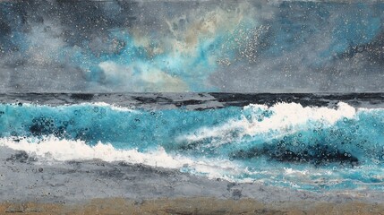 Painting of ocean waves crashing on a beach under a dramatic, starry sky