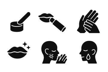 Pocket Balm Icons. Solid, filled icon set of pocket balm application: finger applying balm, balm stick application, spreading balm, massaging balm, refreshing