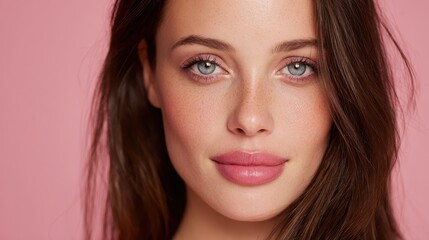 Obraz premium Young woman with glowing, clear skin and subtle makeup looks at the camera, conveying freshness, confidence and well being in a clean studio portrait with pink background