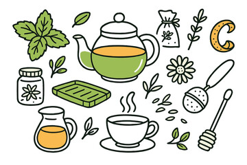 Herbal Tea Harmony. Herbal Tea Set. Hand-drawn doodle illustration Herbal Tea Set glass teapot (accented), mint sprig (accented), lavender sachet, chamomile