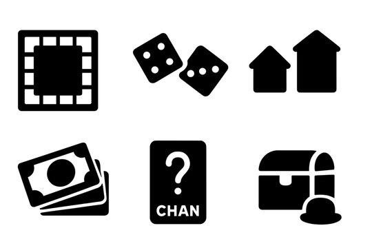 Monopoly Icons Grid. Solid, filled icon set of monopoly board game elements: game board, dice, house, hotel, money stack, chance card, community chest, player