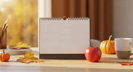 Blank calendar with blank paper on a wooden table with fall decoration. Autumn backdrop for event planning, holiday promotion.